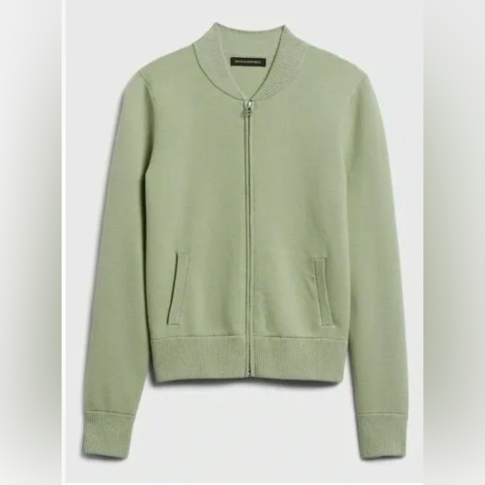Banana Republic bomber structured sweater jacket full zip stretchy pockets green